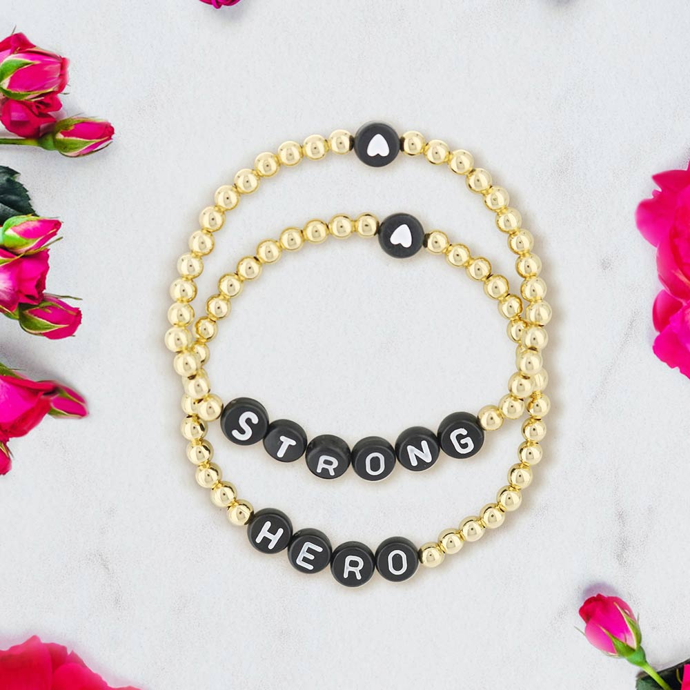 Lorelai Hero 14k Gold Filled Beads Bracelets with black alphabet beads STRONG HERO on Tampa Home & Garden Store