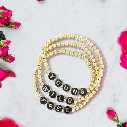 Lorelai Free 14k Gold Filled 4mm Bead Bracelet set of 3 with black letter beads YOUNG WILD FREE on Tampa Home & Garden Store