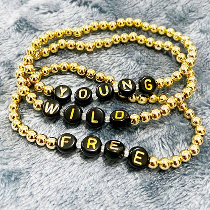 Lorelai Free 14k Gold Filled 4mm Beads Bracelet 3-pack with black letter beads YOUNG WILD FREE on Tampa Home & Garden Store
