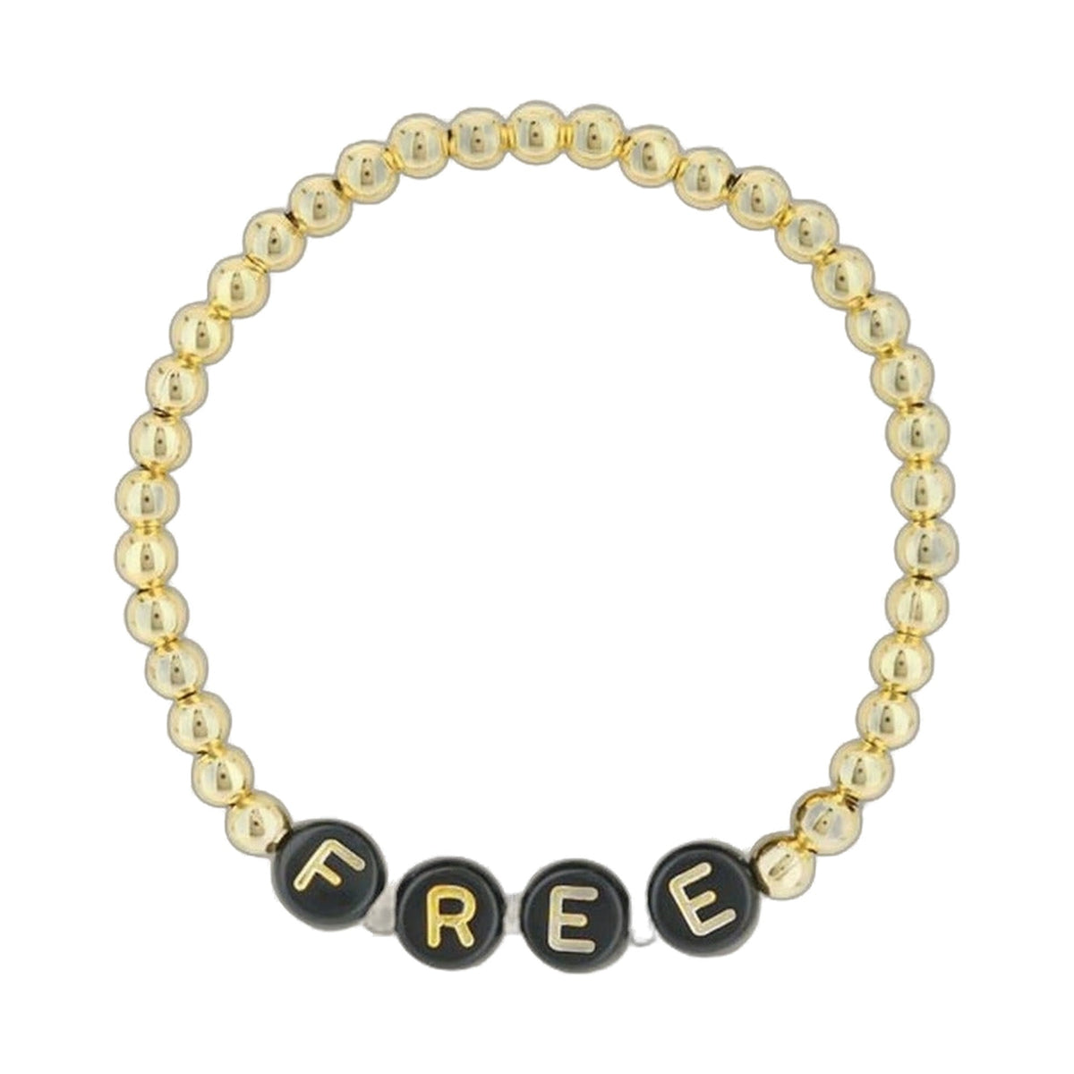 Lorelai Free bracelet with 4mm gold-filled beads and black letter beads spelling FREE on Tampa Home & Garden Store