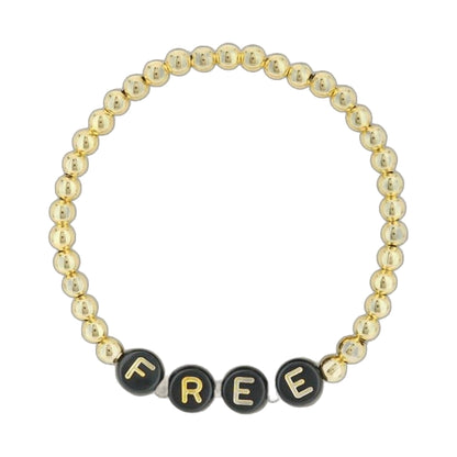Lorelai Free bracelet with 4mm gold-filled beads and black letter beads spelling FREE on Tampa Home & Garden Store