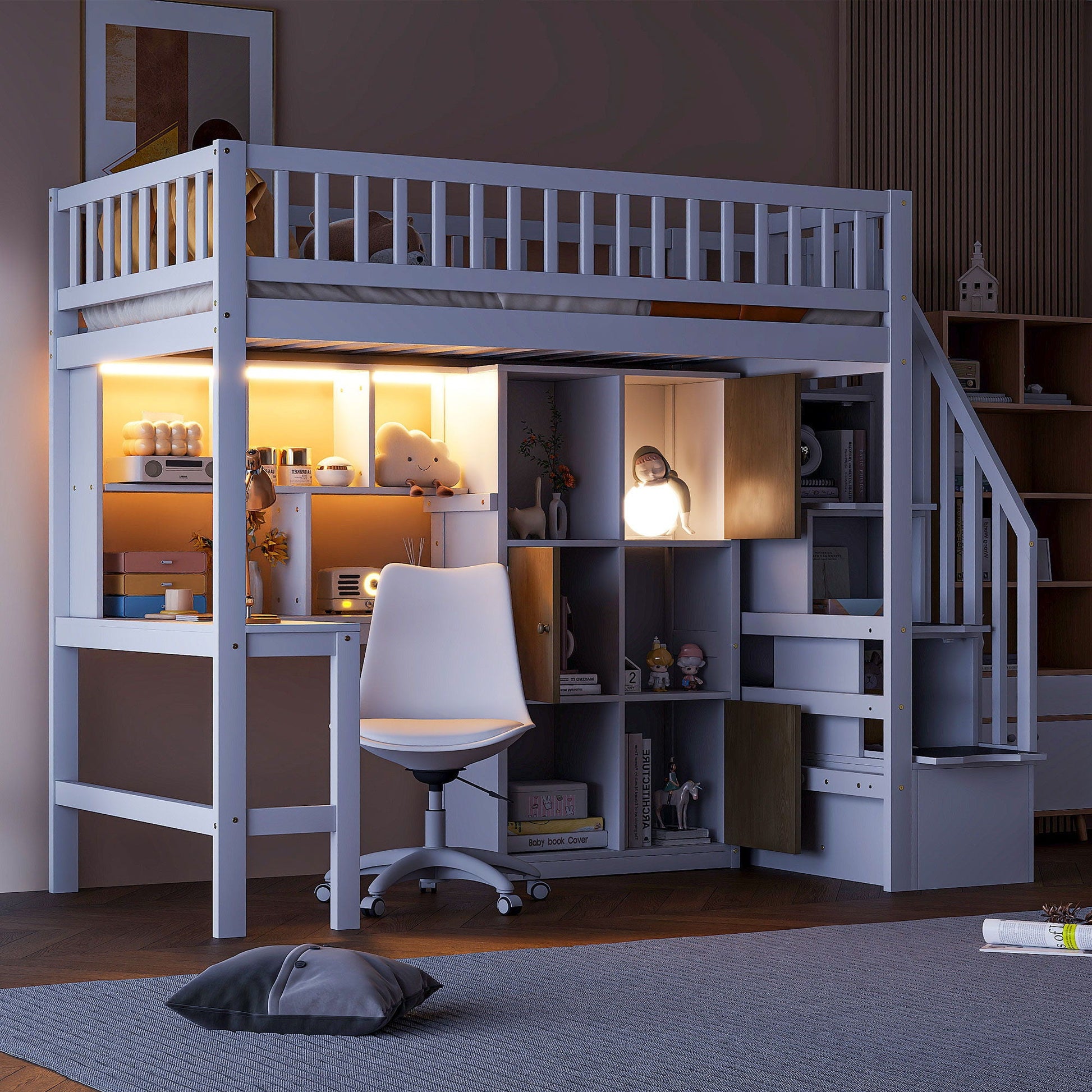 Loft bed with built-in L-shaped desk and stairs, LED lights, storage shelves by HouseOfZazla on Tampa Home & Garden Store