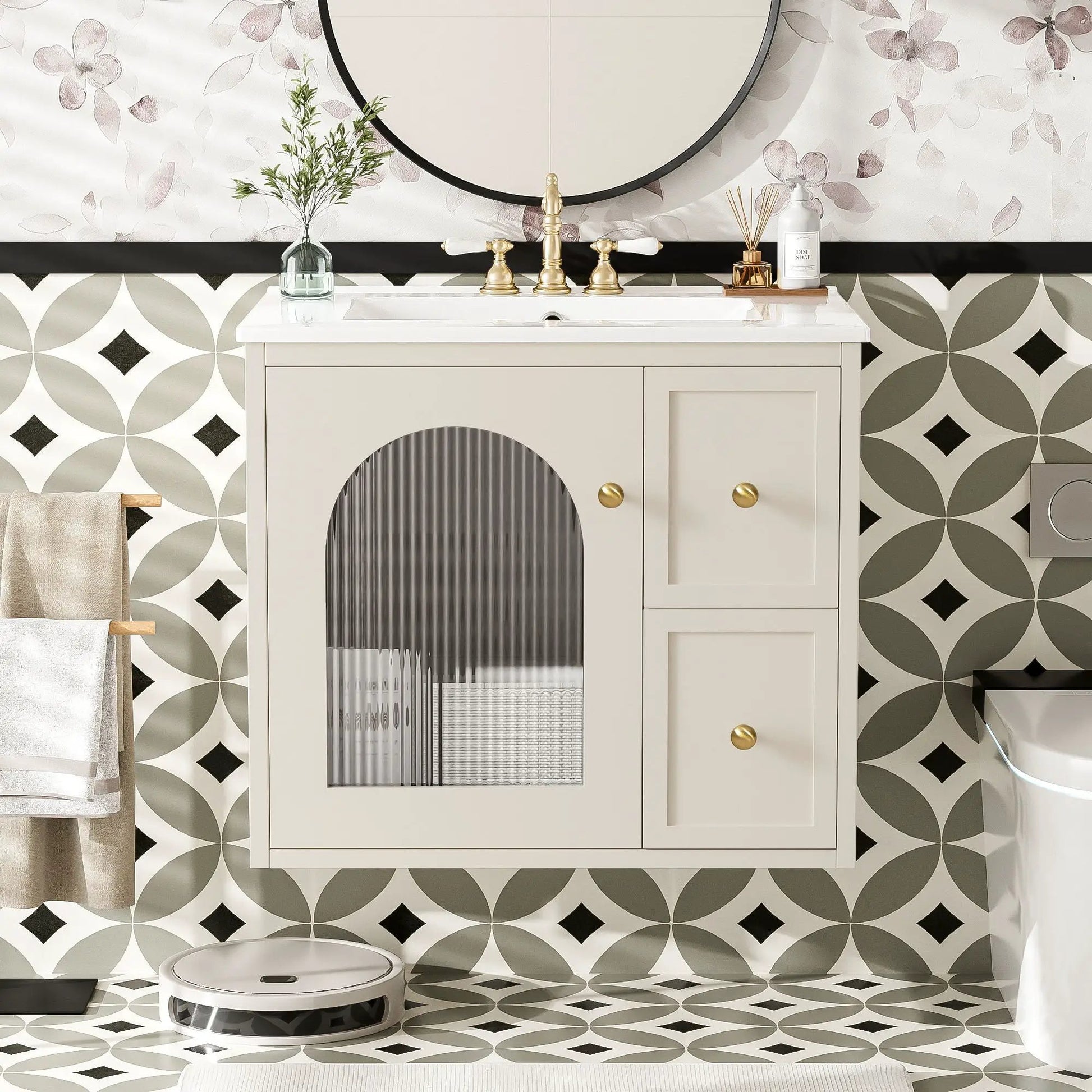 Wall-Mounted bathroom vanity with sink, cream, 2 drawers and soft-close door, brass faucet on Tampa Home & Garden Store