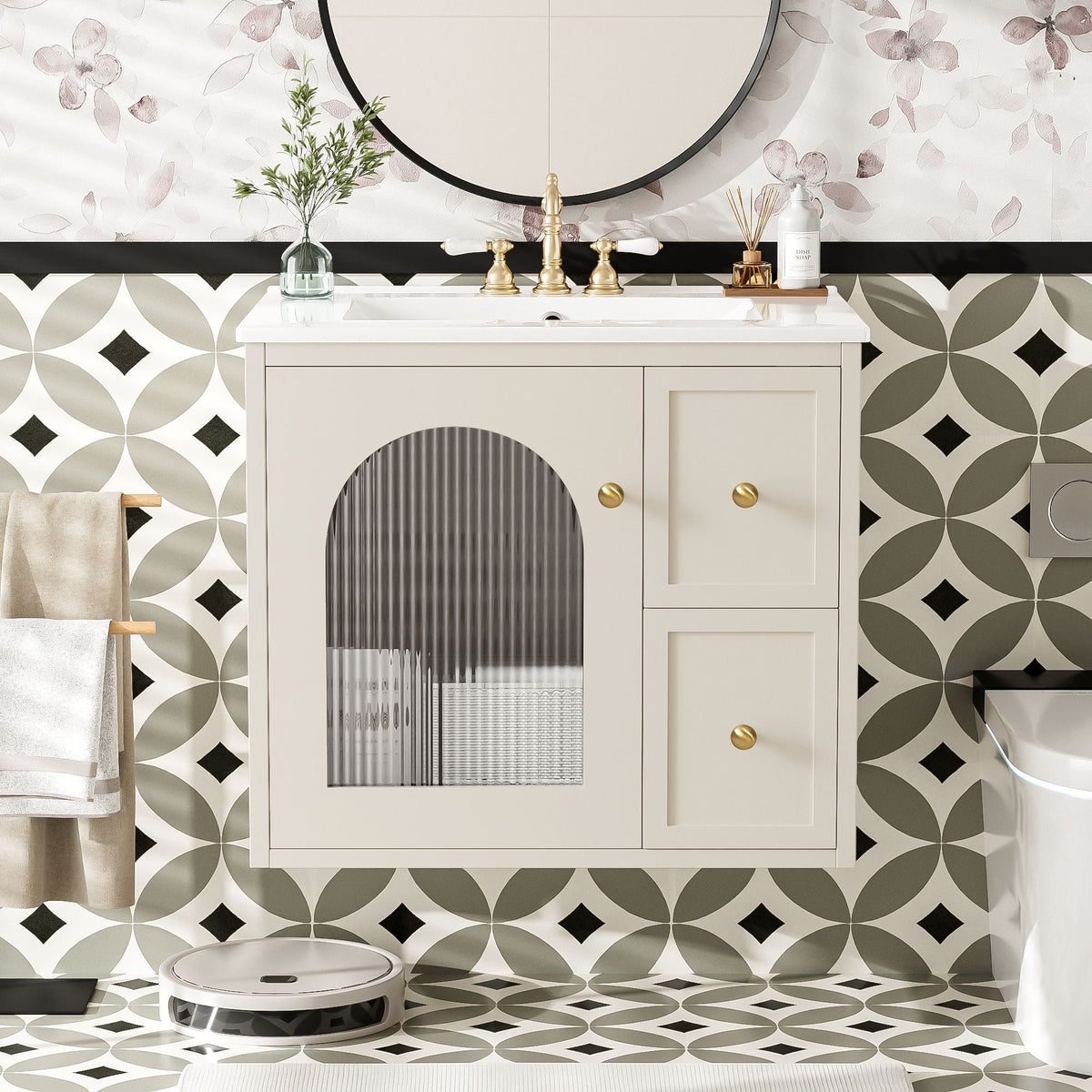 Wall-mounted bathroom vanity with ceramic sink, beige cabinet, soft-close drawers on Tampa Home & Garden Store