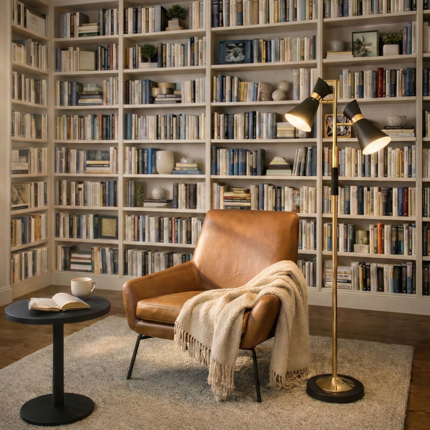 Axis floor lamp with black shades, gold base, dual spotlight heads, 4-way switch on Tampa Home & Garden Store