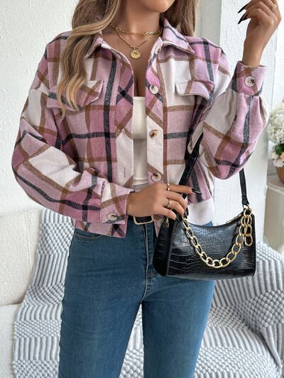 Stevvex plaid jacket for women, pink plaid, with a black croc handbag on Tampa Home & Garden Store
