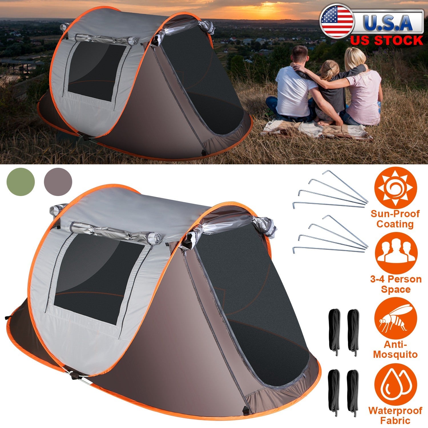 GemGear 3-4 Person Pop-Up Tent with automatic setup and waterproof fabric, mosquito net windows on Tampa Home & Garden Store