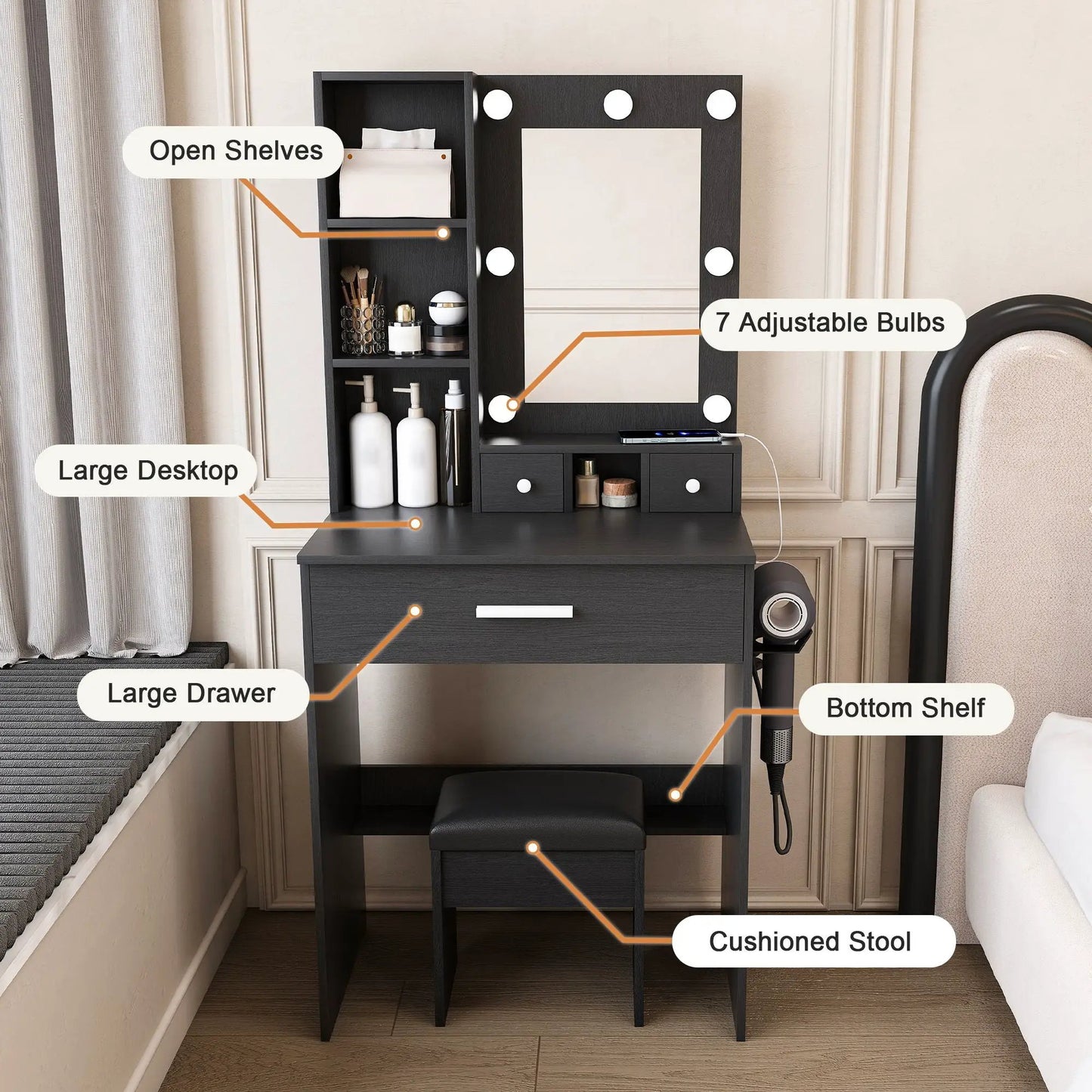 Vanity Table with Mirror and Hairdryer Holder