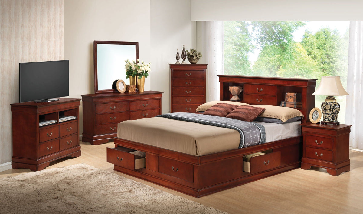 Traditional Style Bookcase Storage Bed with dark cherry finish and matching dressers on Tampa Home & Garden Store