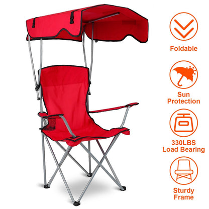 Red foldable beach canopy chair with cup holder and sun protection, sturdy frame, 330lbs on Tampa Home & Garden Store