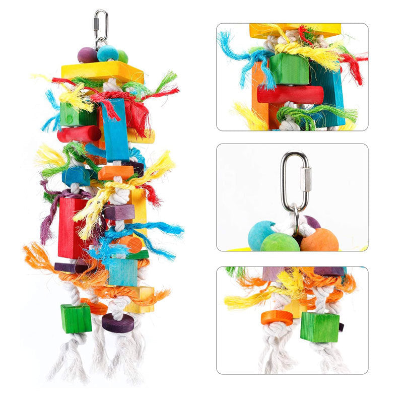 Wooden color nibbling bird toy with bright blocks and ropes for medium and large parrots on Tampa Home & Garden Store