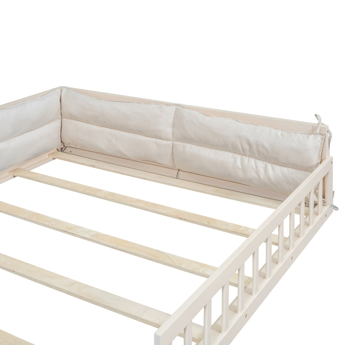 Wood full-size upholstered platform bed with beige padded guardrail and slat base HouseOfZazla on Tampa Home & Garden Store