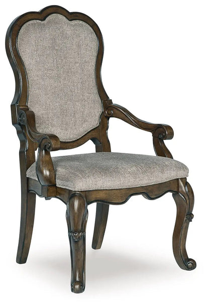 Maylee dining upholstered arm chair set of 2 in dark brown wood with beige fabric upholstery on Tampa Home & Garden Store
