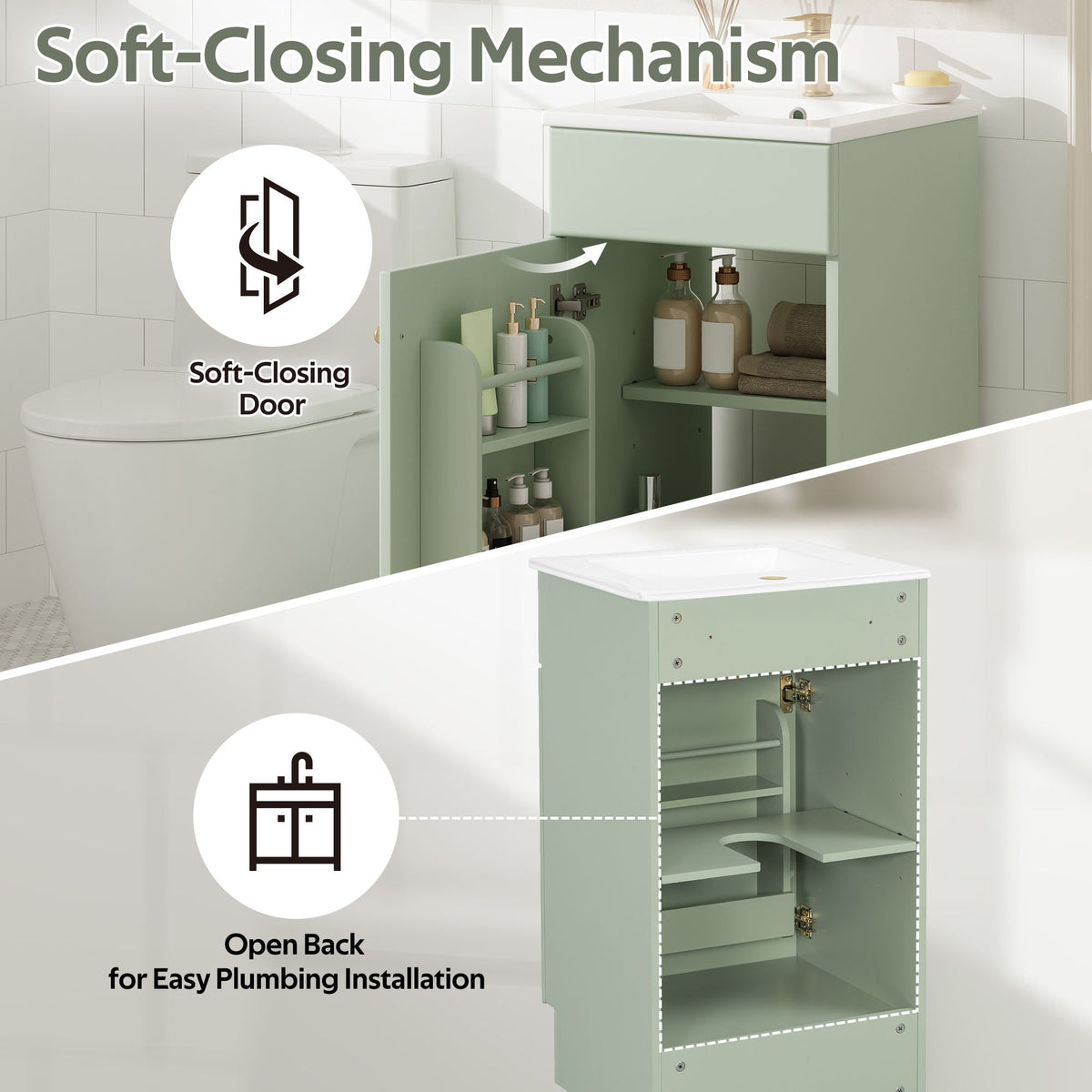 Bathroom vanity with sink and adjustable shelf by HouseOfZazla in mint green, soft-closing doors on Tampa Home & Garden Store