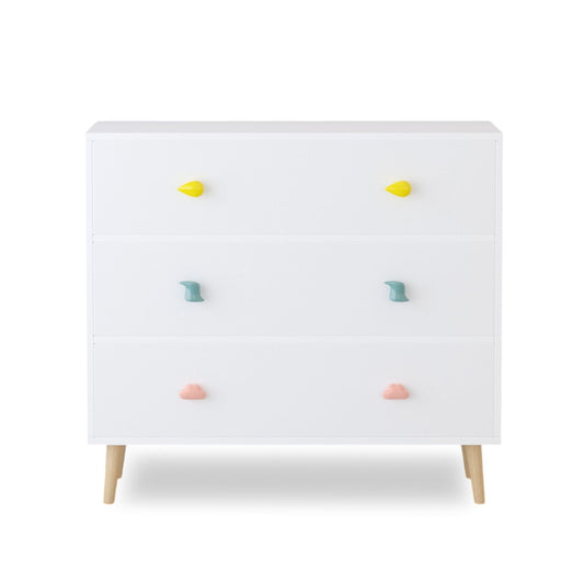 3 Drawer Dresser by HouseOfZazla, white with yellow and turquoise knobs on Tampa Home & Garden Store