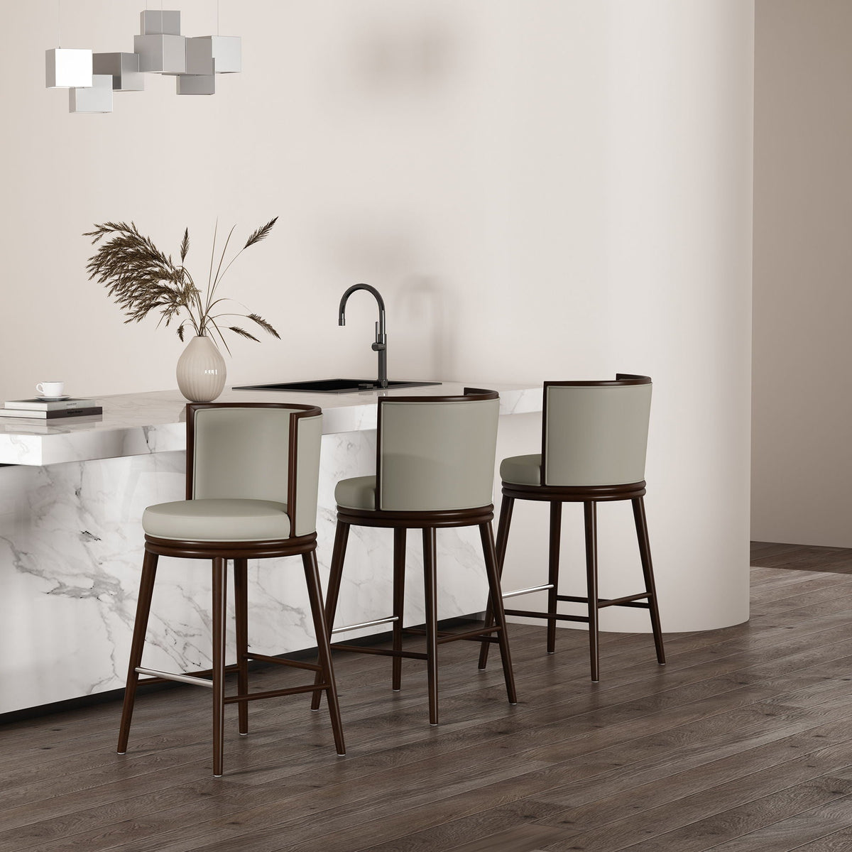 Evalyn Barstool, 4pc, bar height 28–30in, light gray upholstery with dark wood legs HouseOfZazla on Tampa Home & Garden Store
