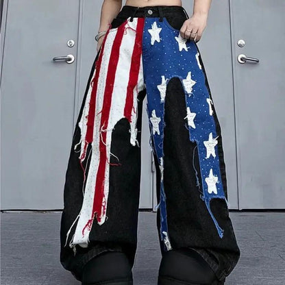 Womens American-style washed striped heat-pressed patch jeans with red white blue flag and stars on Tampa Home & Garden Store