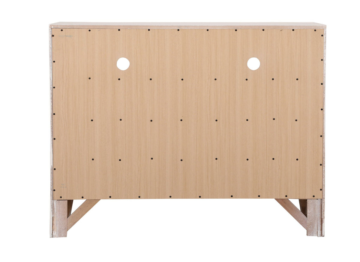 Media chest back panel in natural wood with visible screws and two cable holes; legs visible on Tampa Home & Garden Store