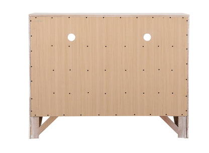Media chest back panel in natural wood with visible screws and two cable holes; legs visible on Tampa Home & Garden Store