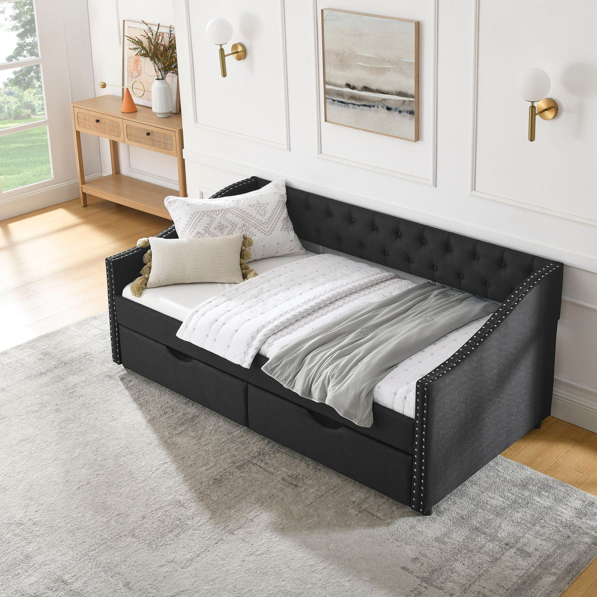 Upholstered Tufted Daybed with Storage Drawers