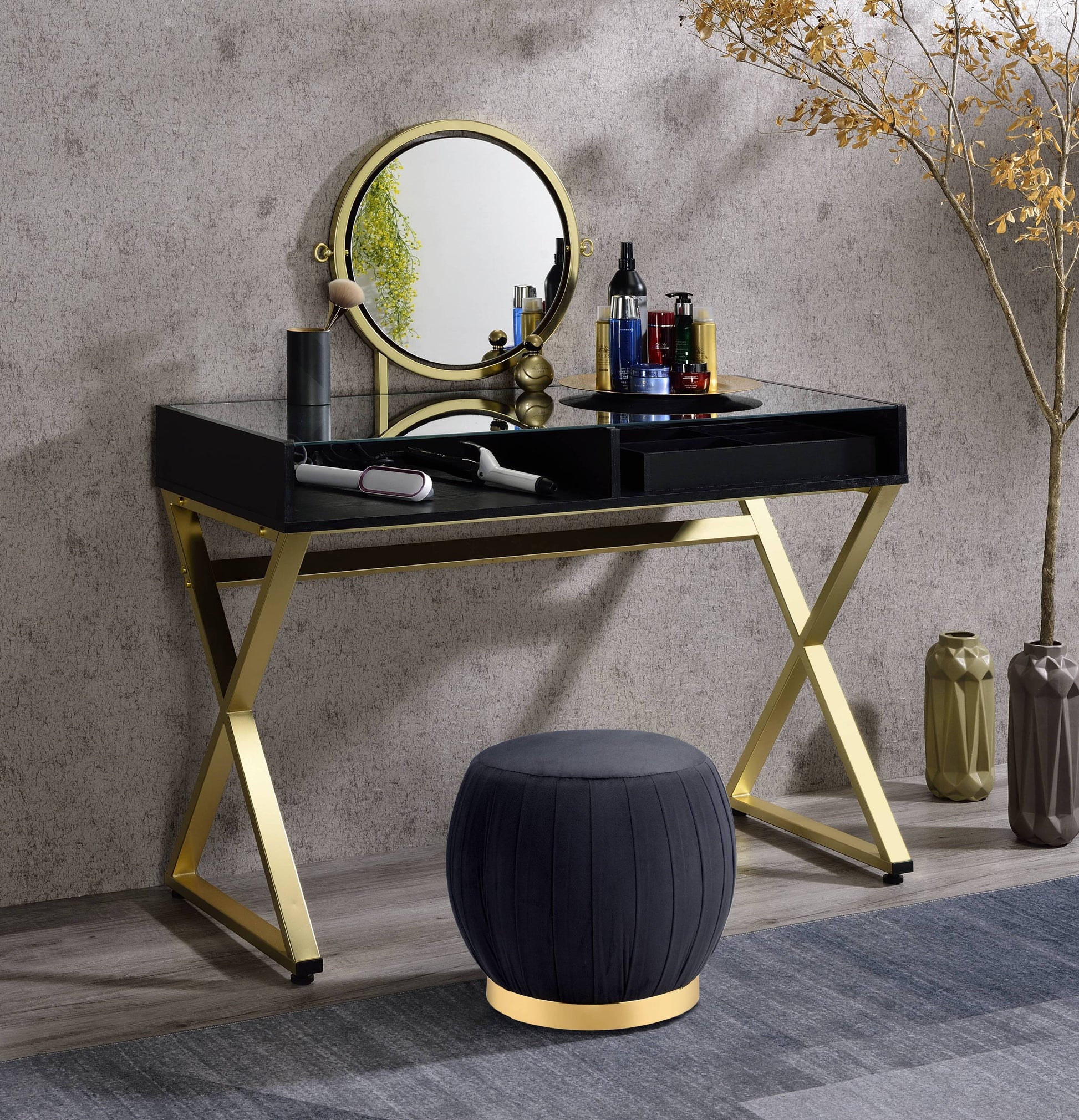Black & Gold Finish Vanity Desk with round gold-framed mirror and glass top on Tampa Home & Garden Store