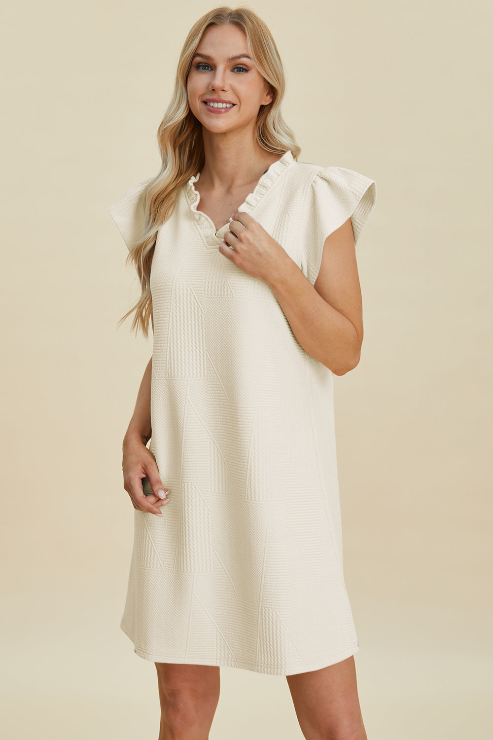 Ruffled V-Neck Cap Sleeve Dress knee-length in cream textured fabric by Stevvex on Tampa Home & Garden Store