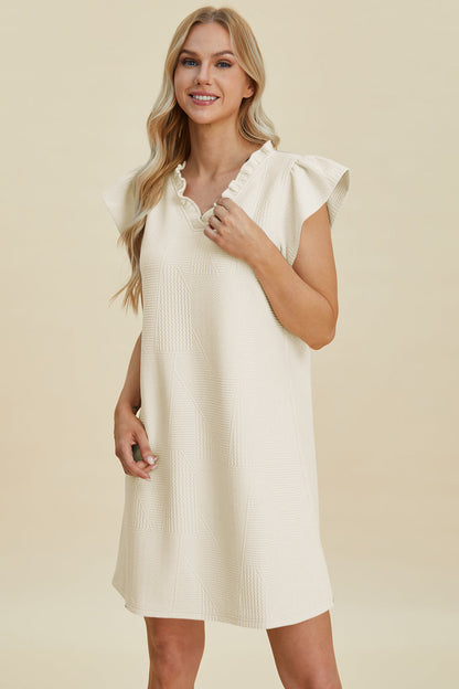 Ruffled V-Neck Cap Sleeve Dress knee-length in cream textured fabric by Stevvex on Tampa Home & Garden Store