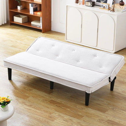 Versatile sofa bed futon with a solid wood frame in light beige tufted upholstery on Tampa Home & Garden Store