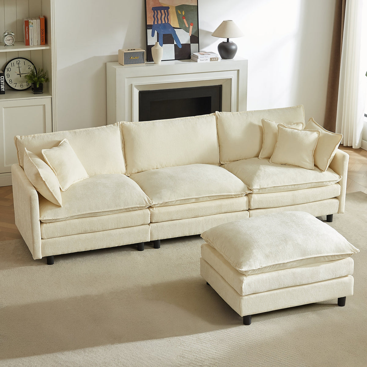 Modular sectional sofa, 110-inch beige fabric L-shaped couch with ottoman, HouseOfZazla on Tampa Home & Garden Store