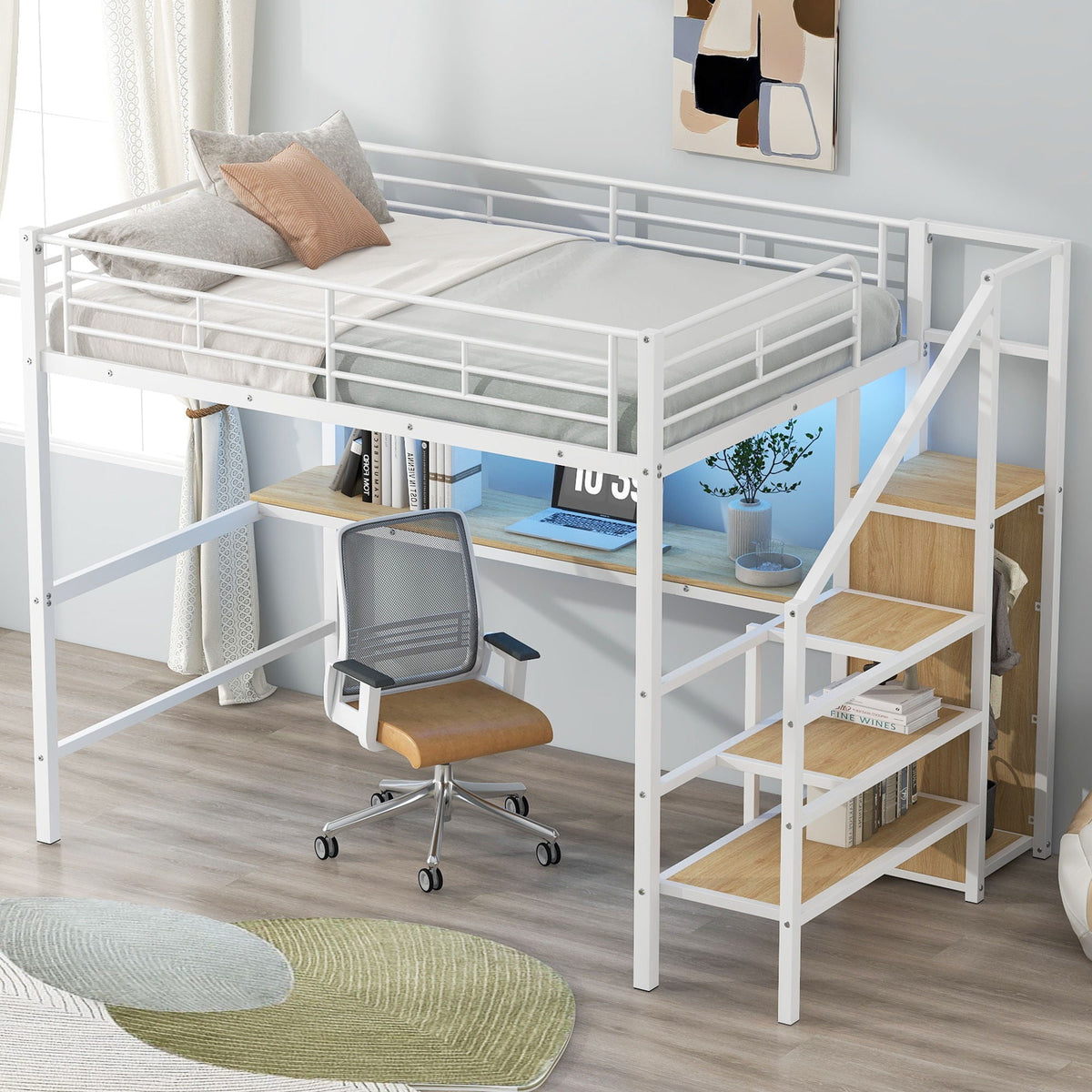 Loft bed with desk and storage staircase in white metal with LED light by HouseOfZazla on Tampa Home & Garden Store