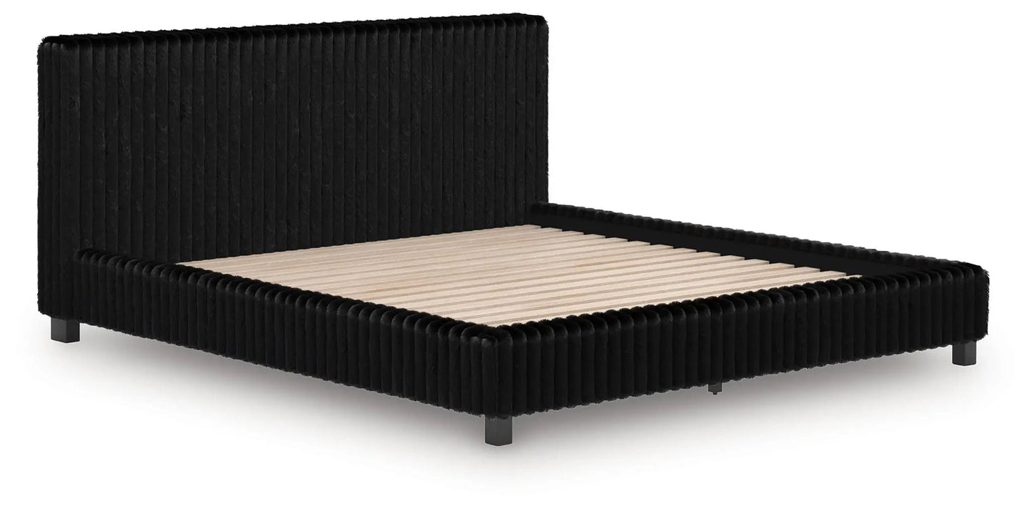 Zuraleus Upholstered Bed, black velvet ribbed upholstery with tall headboard and low platform on Tampa Home & Garden Store