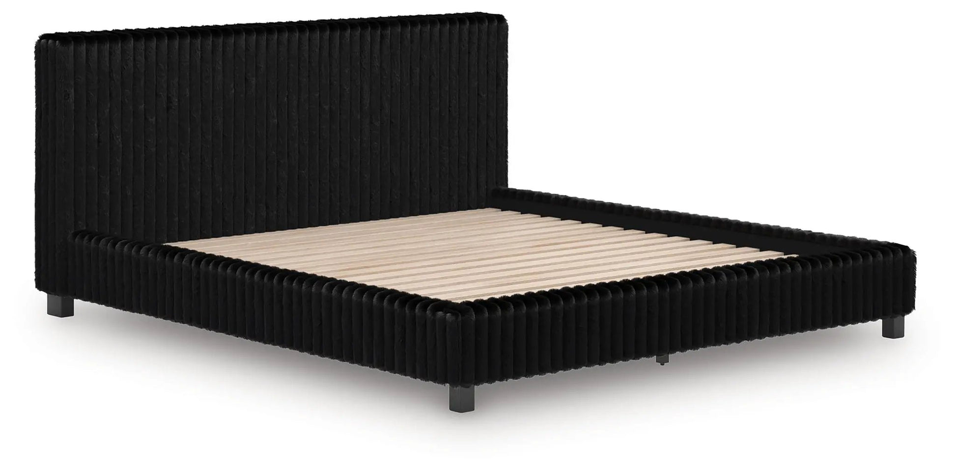 Zuraleus Upholstered Bed, black velvet ribbed upholstery with tall headboard and low platform on Tampa Home & Garden Store