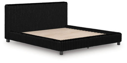 Zuraleus Upholstered Bed, black velvet ribbed upholstery with tall headboard and low platform on Tampa Home & Garden Store