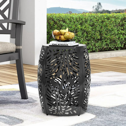 Modern Design Palm Leaf Cut-Out Metal End Table in black; pears in bowl atop magazines on Tampa Home & Garden Store