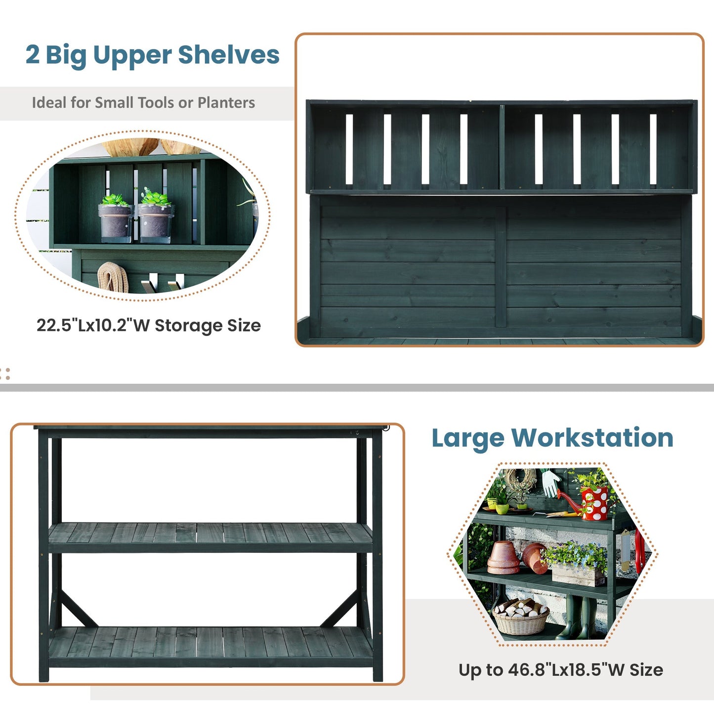 TOPMAX 65in Wooden Farmhouse Outdoor Potting Bench with 2 upper shelves in green by HouseOfZazla on Tampa Home & Garden Store