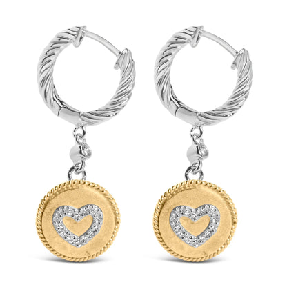 Two-tone drop earrings with twisted silver hoops and gold heart medallions pave diamonds on Tampa Home & Garden Store