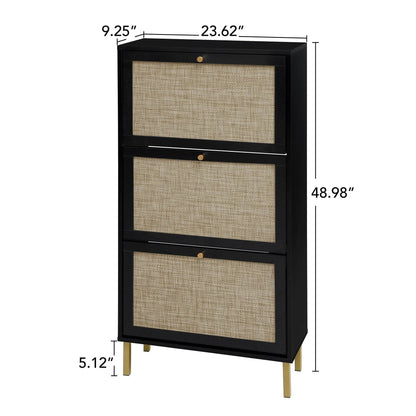Rattan 3 Door Shoe Rack Cabinet for Entryway