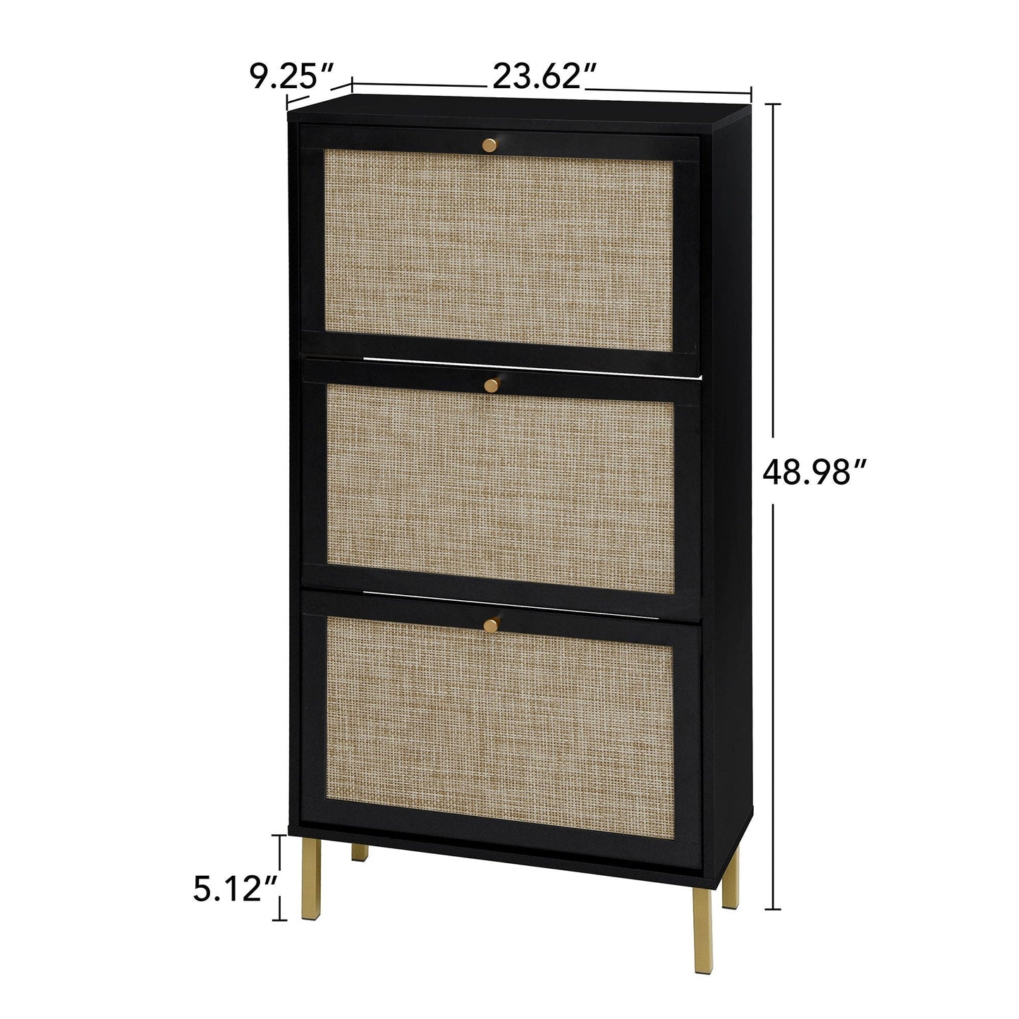 Modern Rattan 3-Door Shoe Cabinet in black with woven panels and gold knobs by HouseOfZazla on Tampa Home & Garden Store