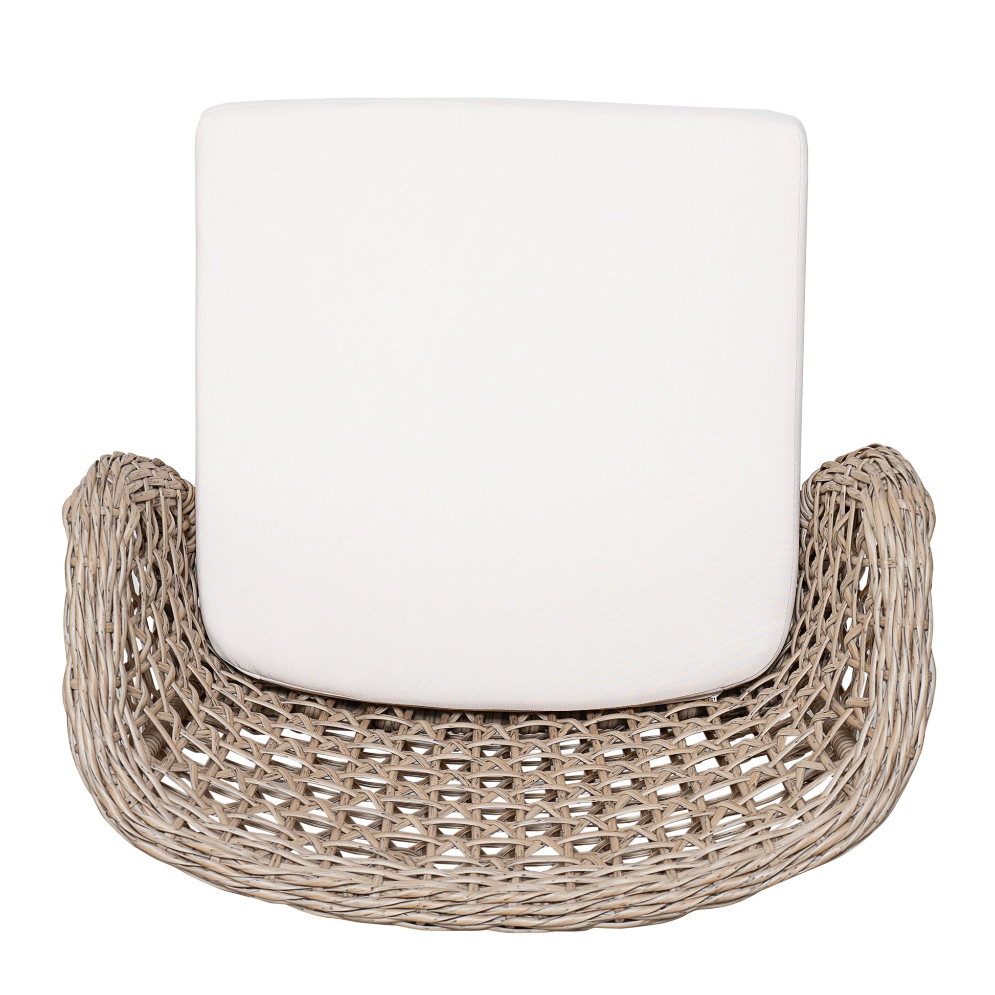 Outdoor bar stools set of 2 with white cushions and natural woven wicker frames on Tampa Home & Garden Store