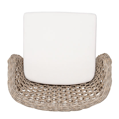 Outdoor bar stools set of 2 with white cushions and natural woven wicker frames on Tampa Home & Garden Store