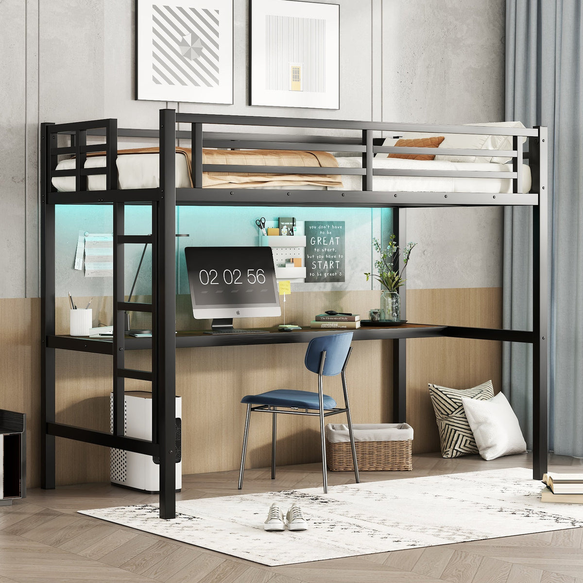 Metal twin XL loft bed with desk in black finish with power outlet and LED light on Tampa Home & Garden Store