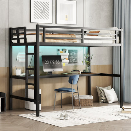 Metal twin XL loft bed with desk in black finish with power outlet and LED light on Tampa Home & Garden Store