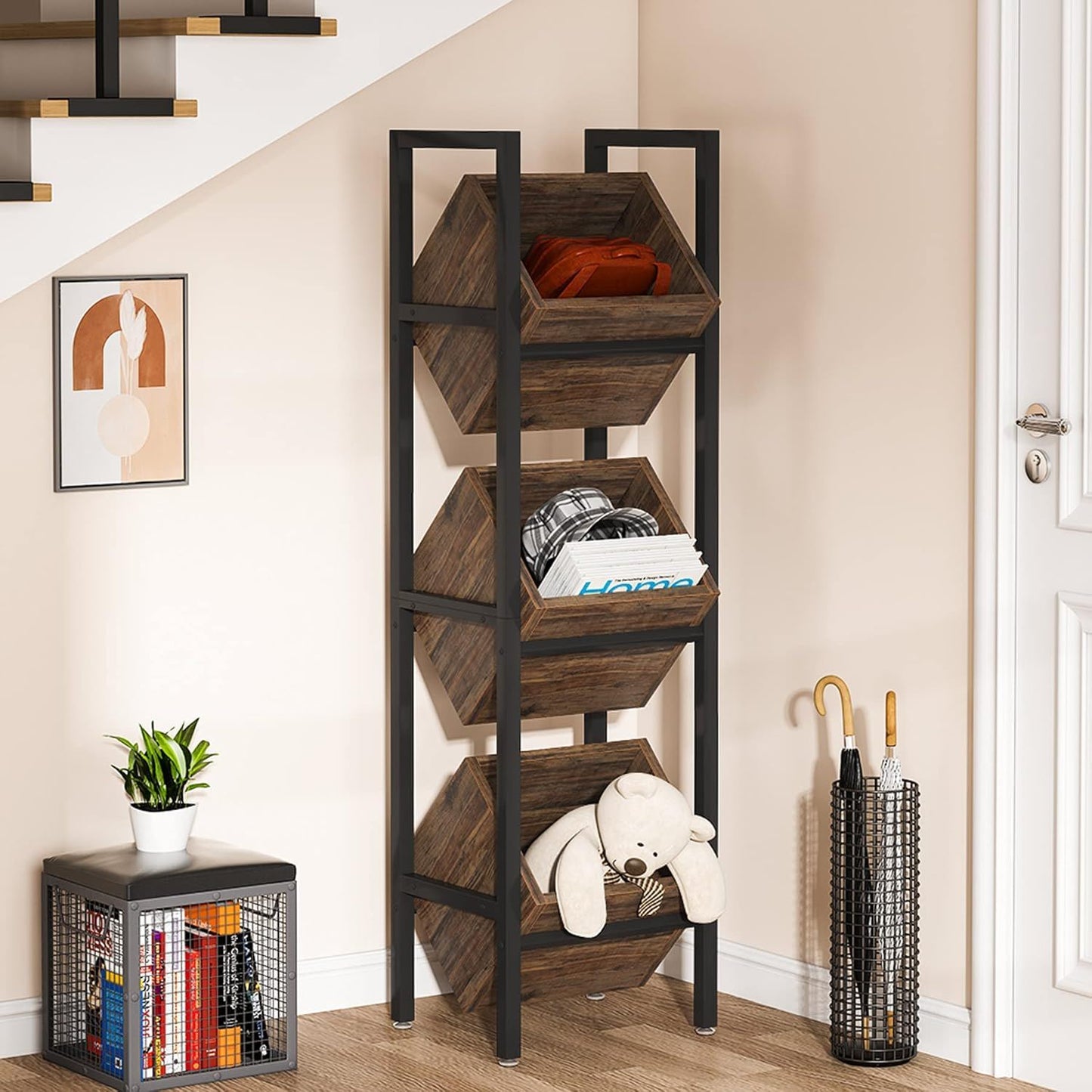 3-tier angled-wood basket stand in a black metal frame for freestanding kitchen storage on Tampa Home & Garden Store