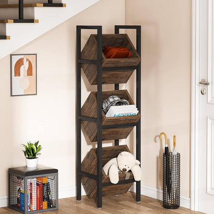 3-tier angled-wood basket stand in a black metal frame for freestanding kitchen storage on Tampa Home & Garden Store
