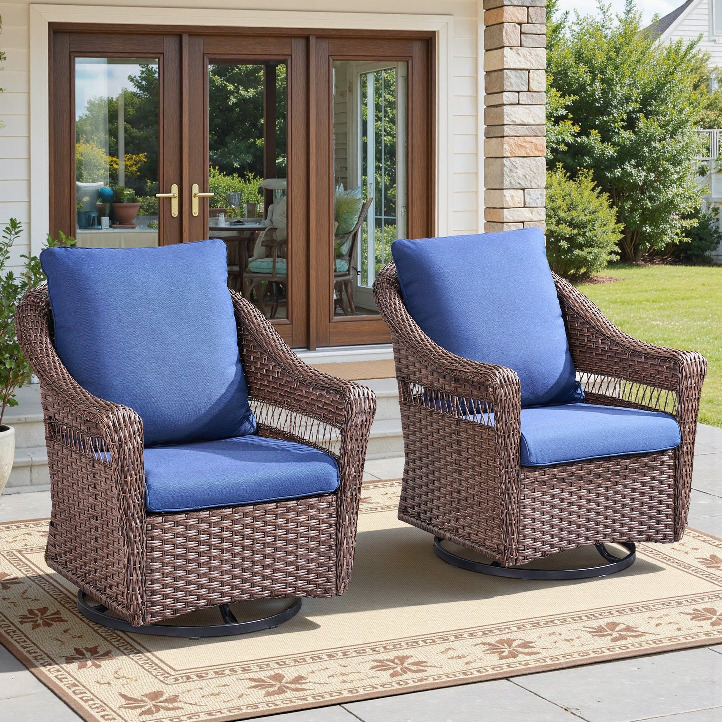 Outdoor swivel rocking wicker chairs set of 2 with blue cushions for patio by HouseOfZazla on Tampa Home & Garden Store