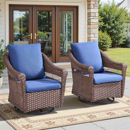 Outdoor swivel rocking wicker chairs set of 2 with blue cushions for patio by HouseOfZazla on Tampa Home & Garden Store