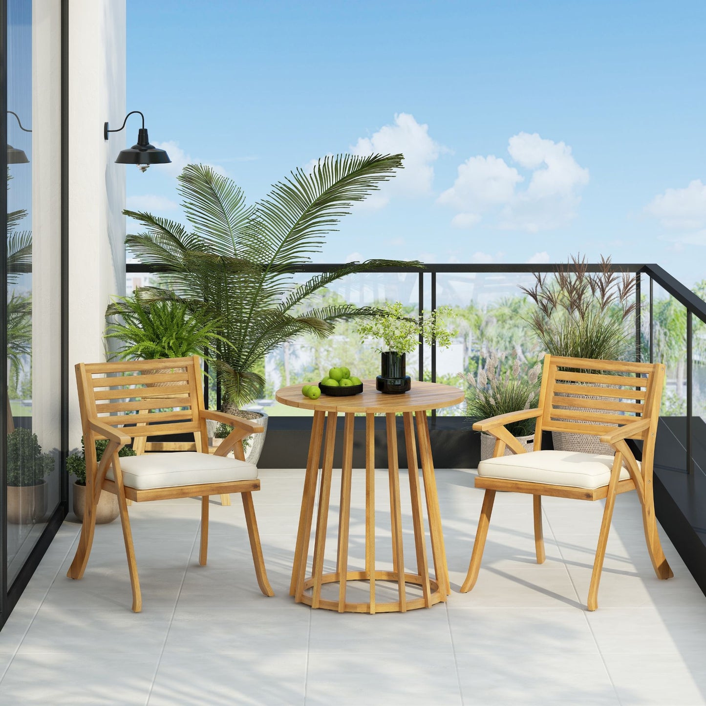 Outdoor 3 Piece Acacia Dining Set with Cushions