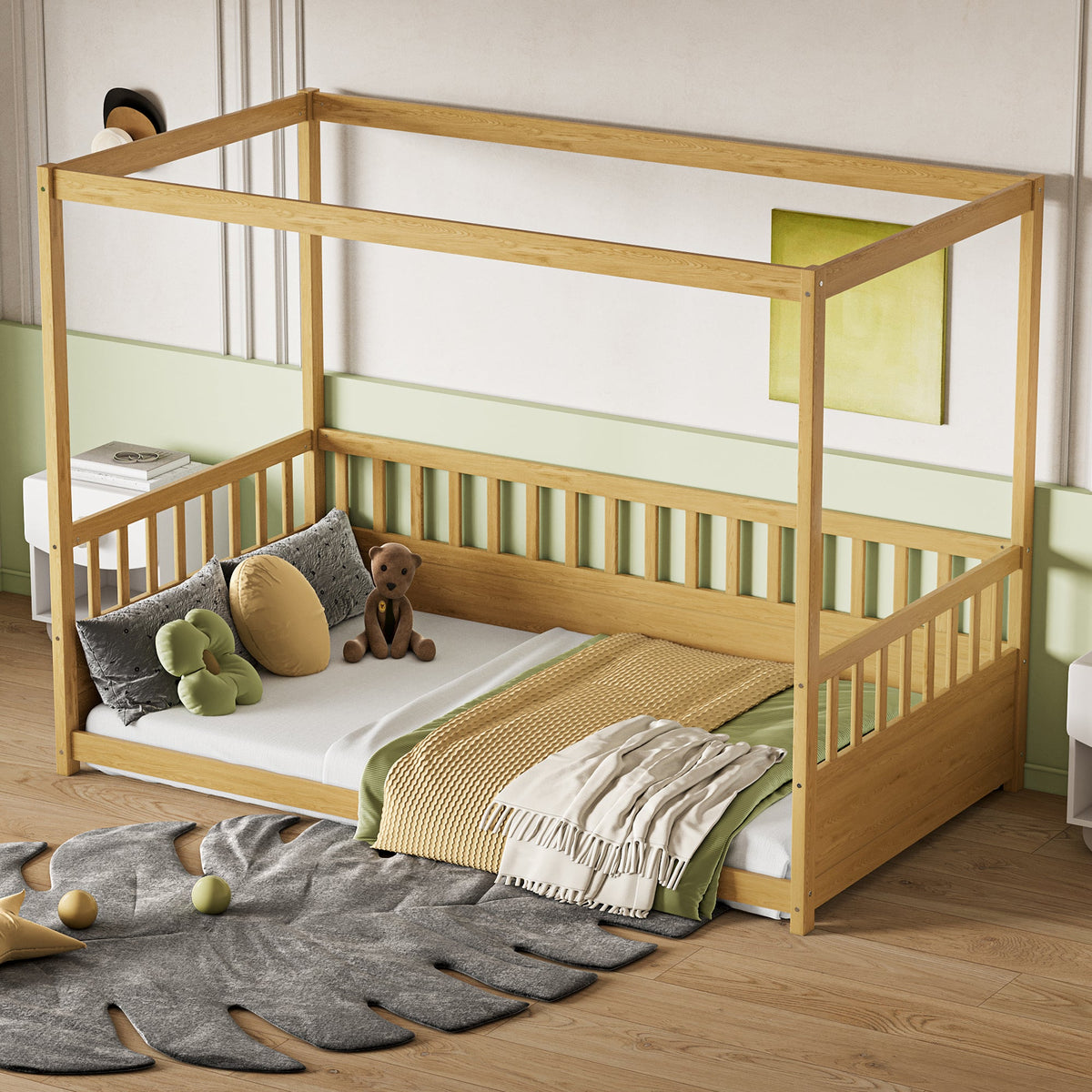 Twin size canopy bed frame with guardrails in natural wood by HouseOfZazla on Tampa Home & Garden Store