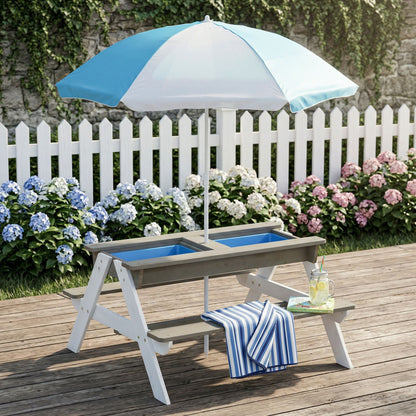 Kids picnic table with sand and water conversion, cedar outdoor table with blue troughs on Tampa Home & Garden Store