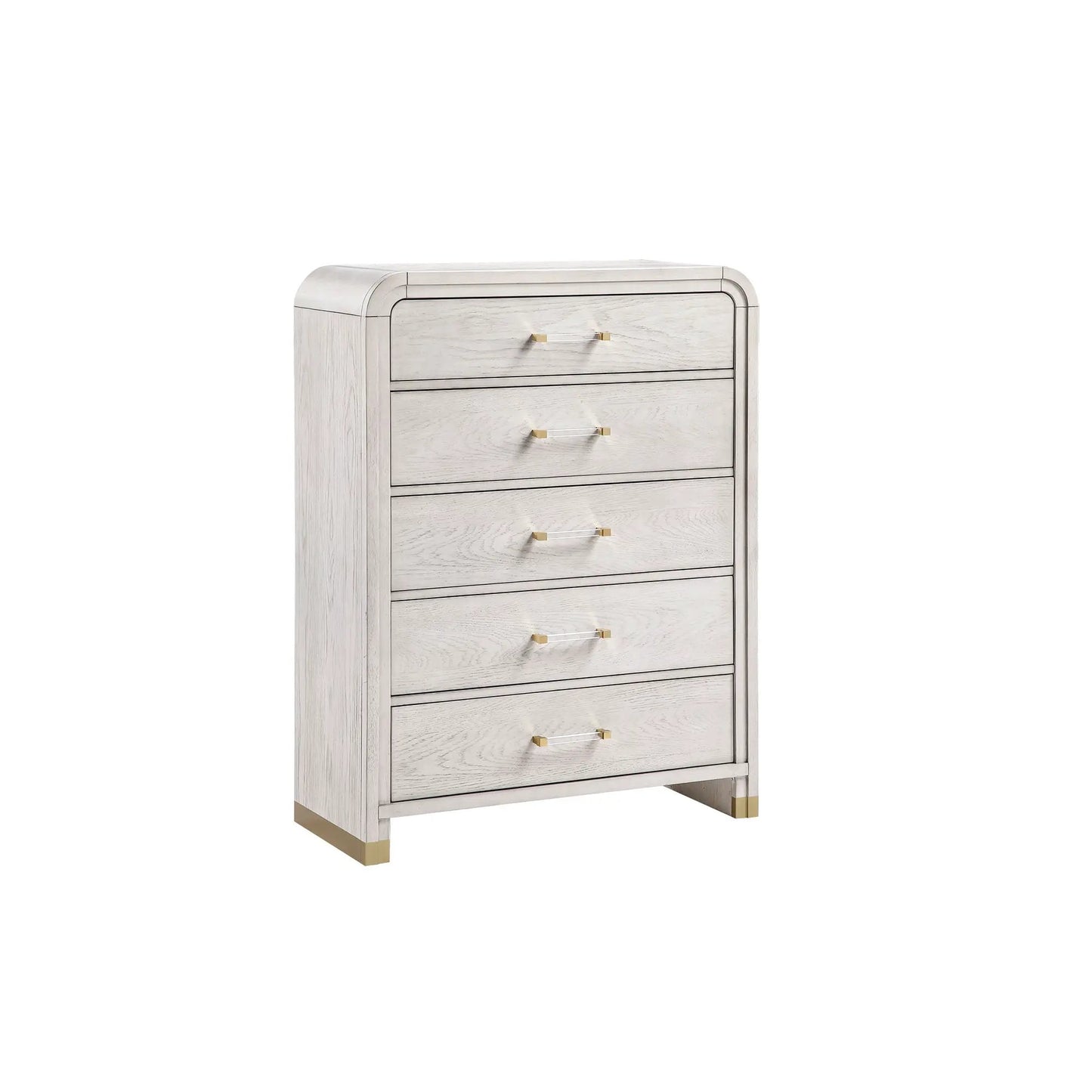 Malco 5 Piece Bedroom Set: whitewashed 5-drawer dresser with rounded edges and gold handles on Tampa Home & Garden Store